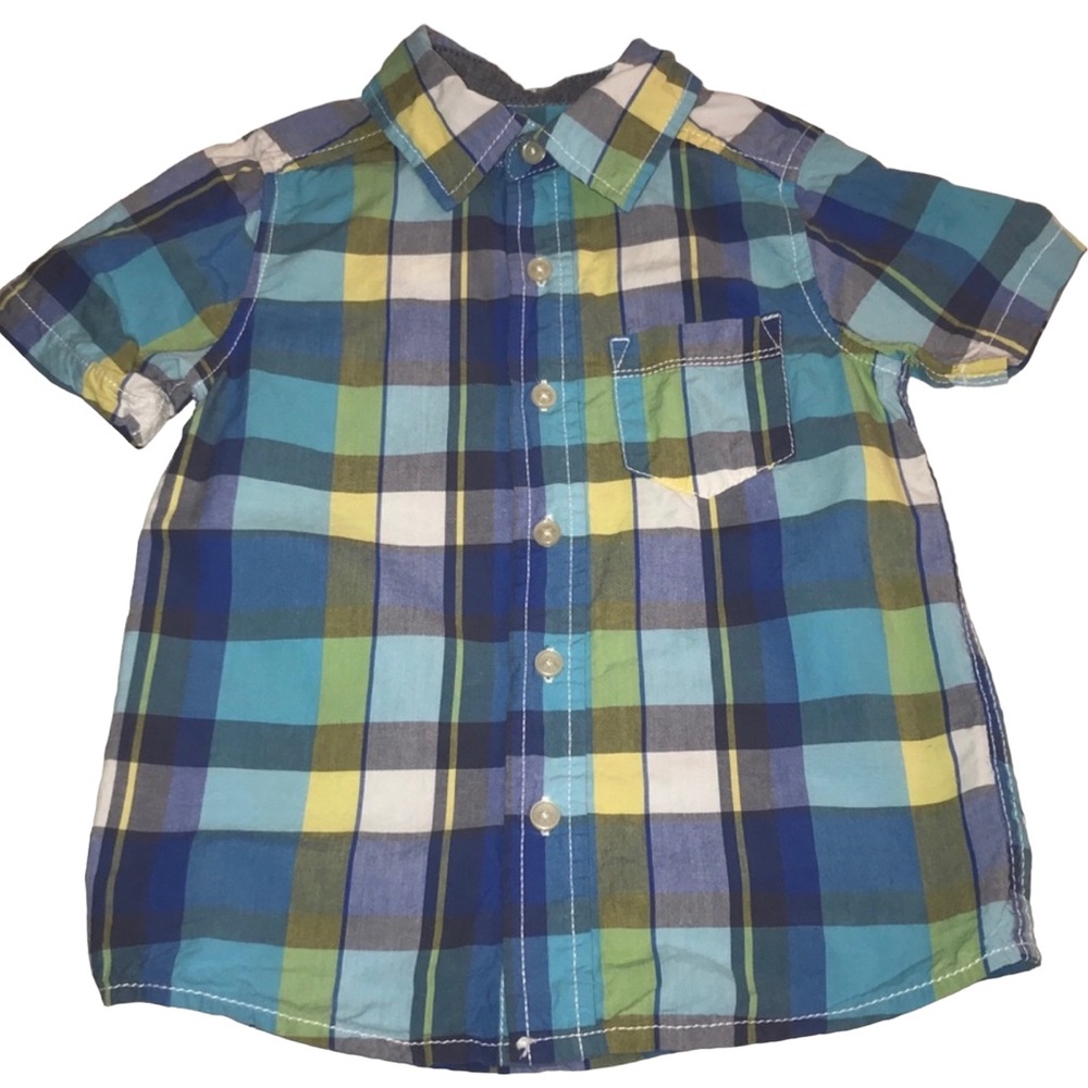 OshKosh B'gosh Boys Blue Plaid Spring Short Sleeve Button-Down Shirt 4/5 EUC